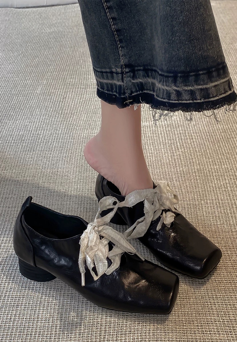 Genuine leather retro art style thick heel shoes CA225042221BK