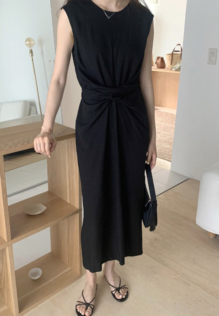 Retro cross straps back slit linen sleeveless dress CA25060321BK