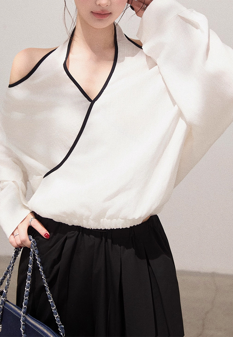 New Off-Shoulder Casual Crossed V-Neck Halter Long-Sleeve Shirt CA25091521W