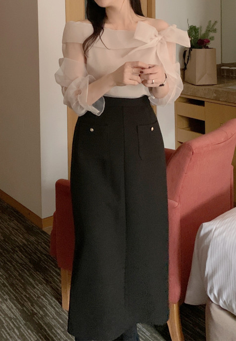 Korean style lace up bow loose long sleeved shirt CA241128121BK