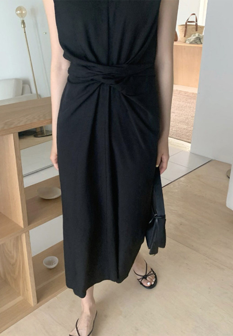 Retro cross straps back slit linen sleeveless dress CA25060321BK