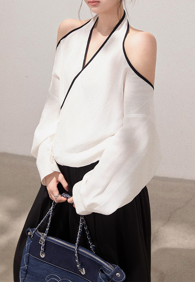 New Off-Shoulder Casual Crossed V-Neck Halter Long-Sleeve Shirt CA25091521W