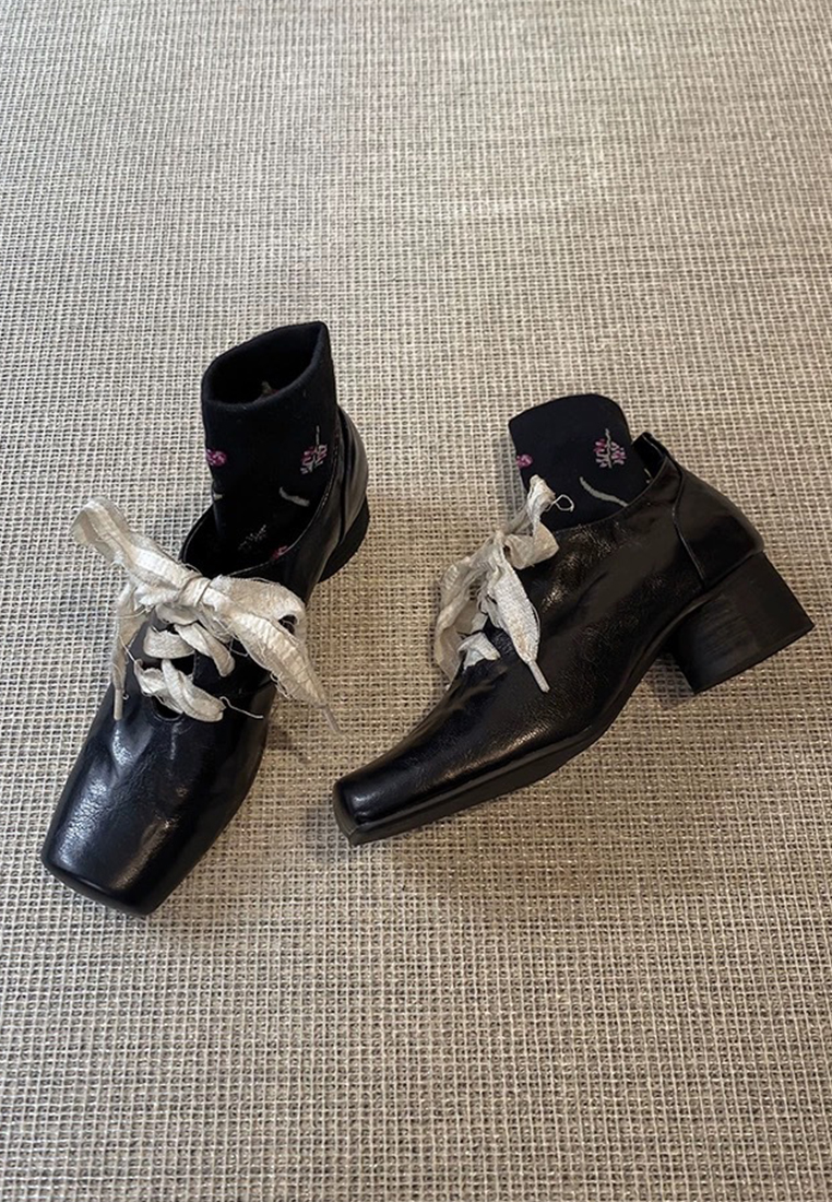 Genuine leather retro art style thick heel shoes CA225042221BK