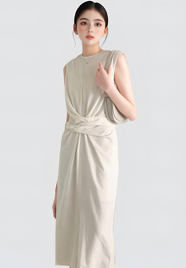 Retro cross straps back slit linen sleeveless dress CA25060321BK