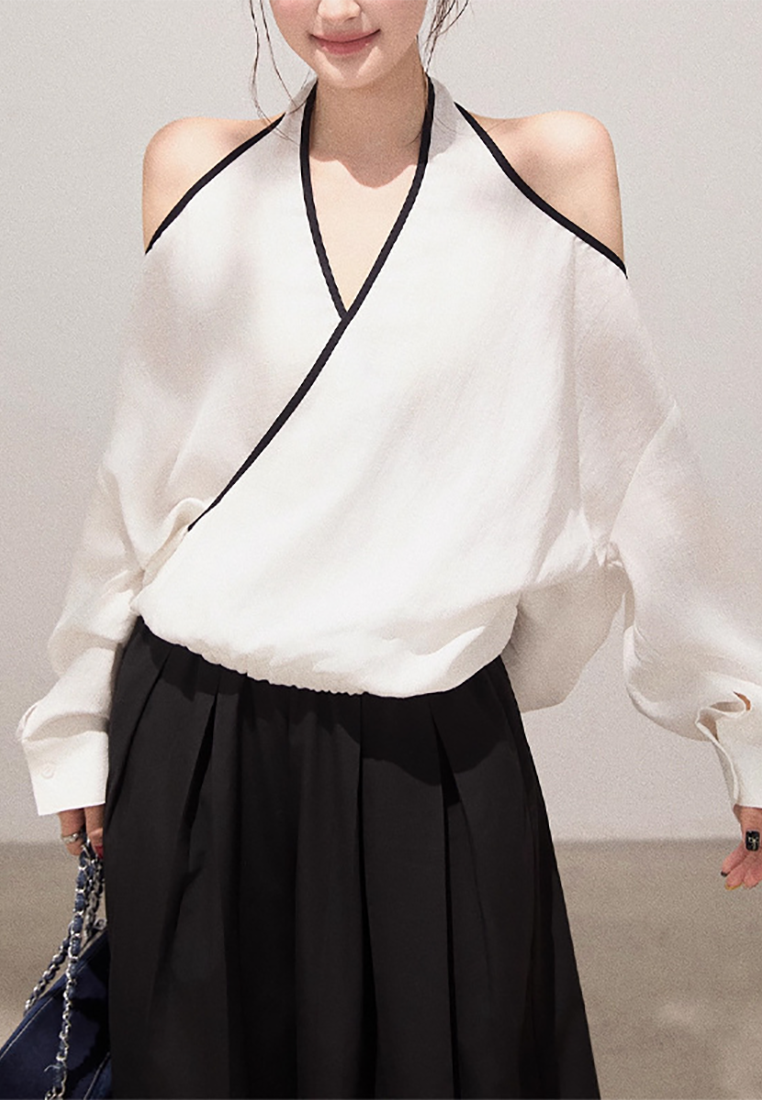 New Off-Shoulder Casual Crossed V-Neck Halter Long-Sleeve Shirt CA25091521W