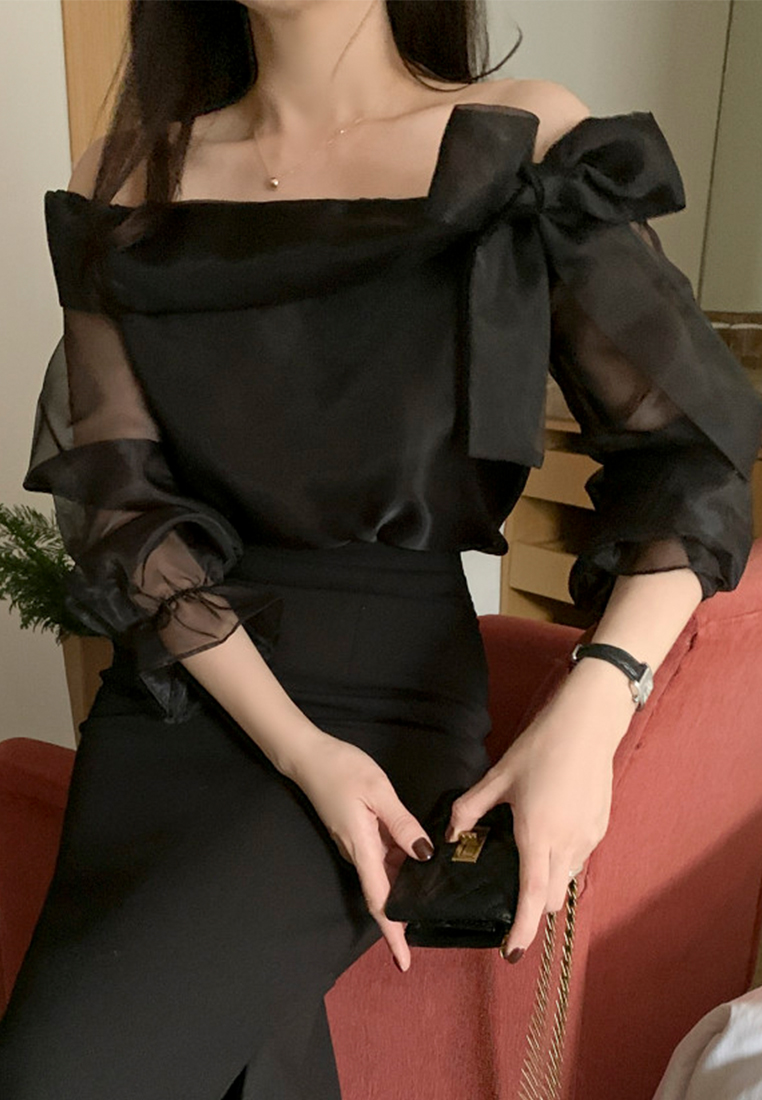 Korean style lace up bow loose long sleeved shirt CA241128121BK