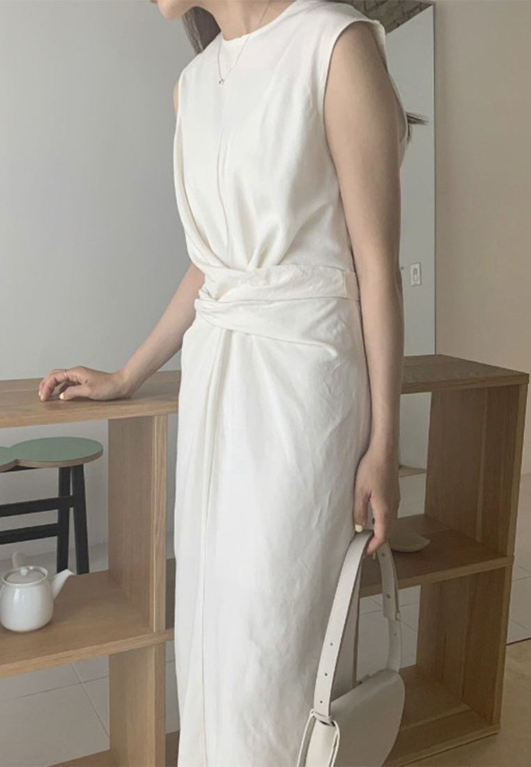 Retro cross straps back slit linen sleeveless dress CA25060321BK