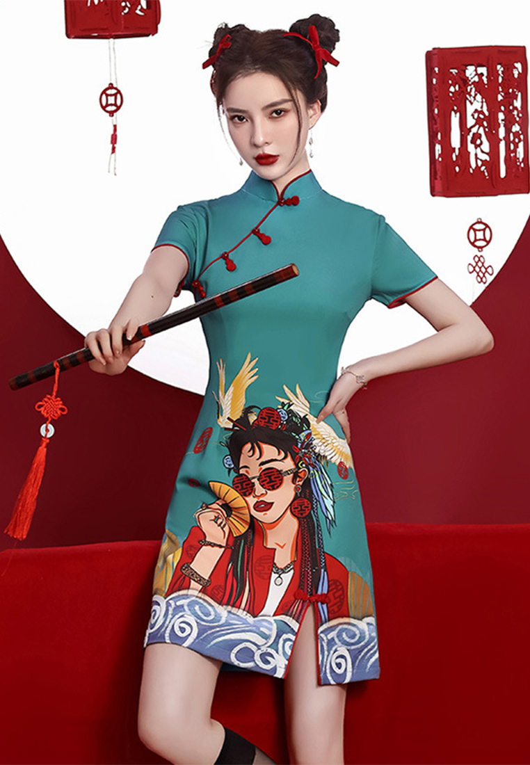 Summer new fashion printed girl's cheongsam dress CA122721BK