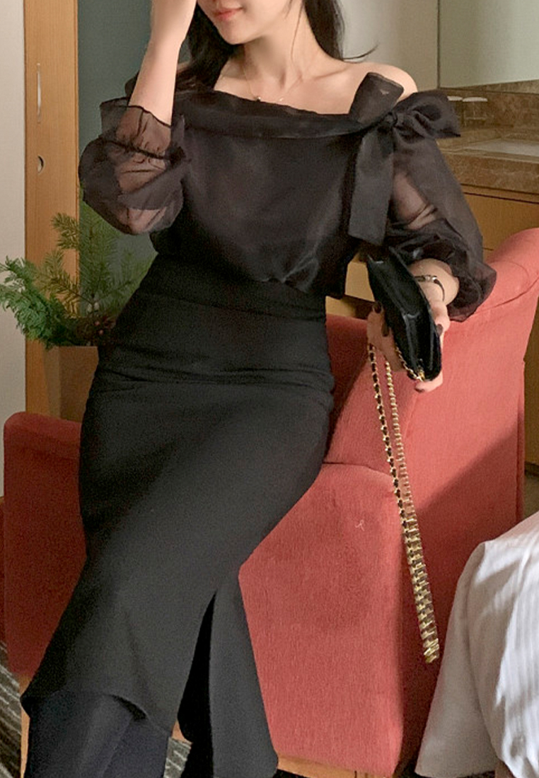 Korean style lace up bow loose long sleeved shirt CA241128121BK