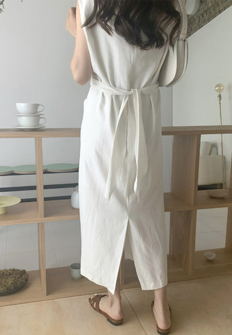 Retro cross straps back slit linen sleeveless dress CA25060321BK