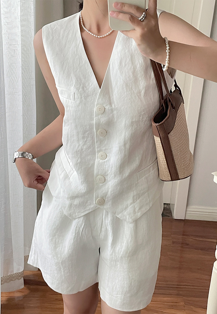 Summer retro sleeveless linen vest + shorts set CA25070921W