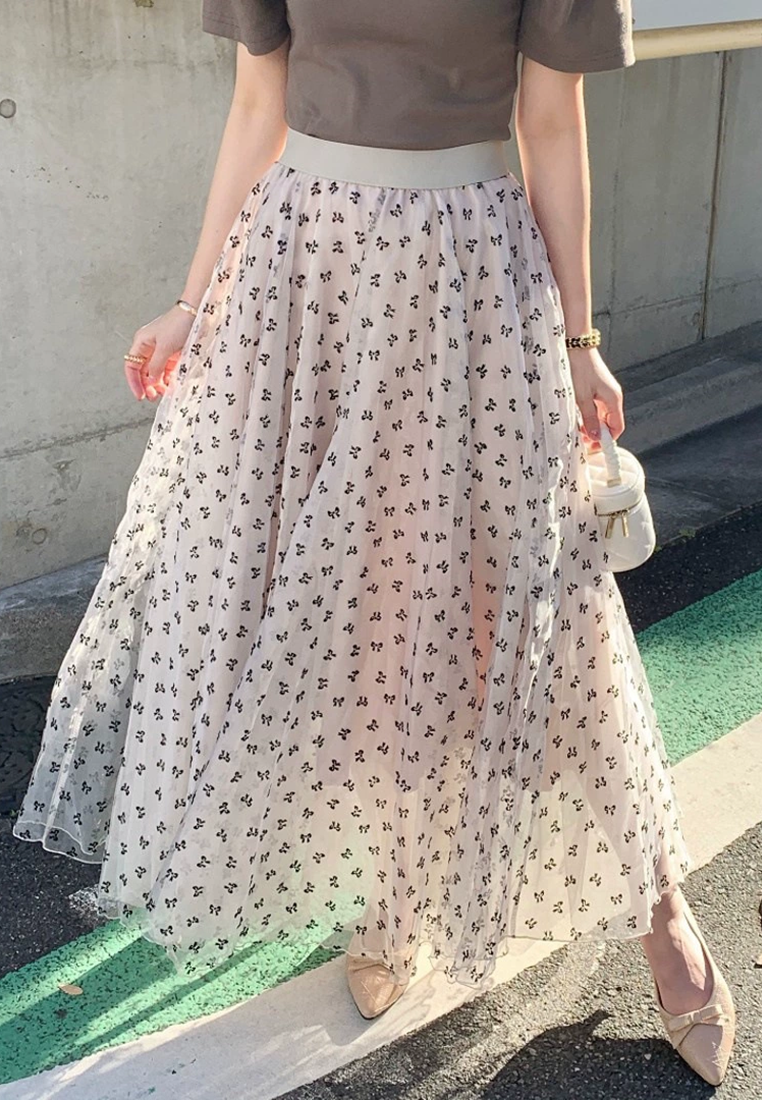 Spring printed high waist mesh long skirt CA25021333BK