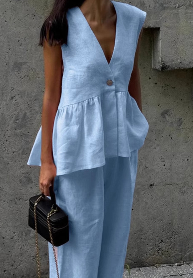 Cotton V-neck sleeveless top and pink pants set CA25042238PI