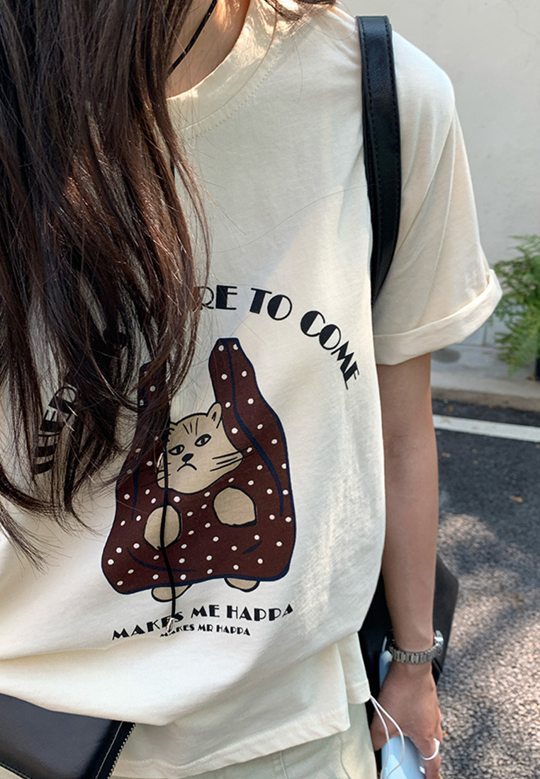 New printed letter loose short sleeved top CA25042918BK