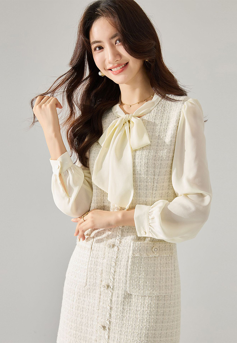 White bow long sleeved dress CA24091122BE