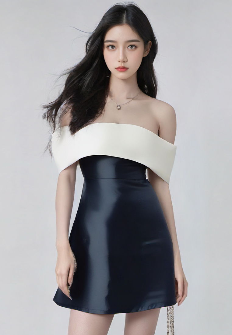 French lace up bow waist cinching short sleeved dress CA25032722BK