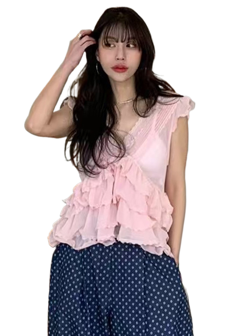 New Splicing V-neck Heavy Industry Sleeveless Top CA25042922PI