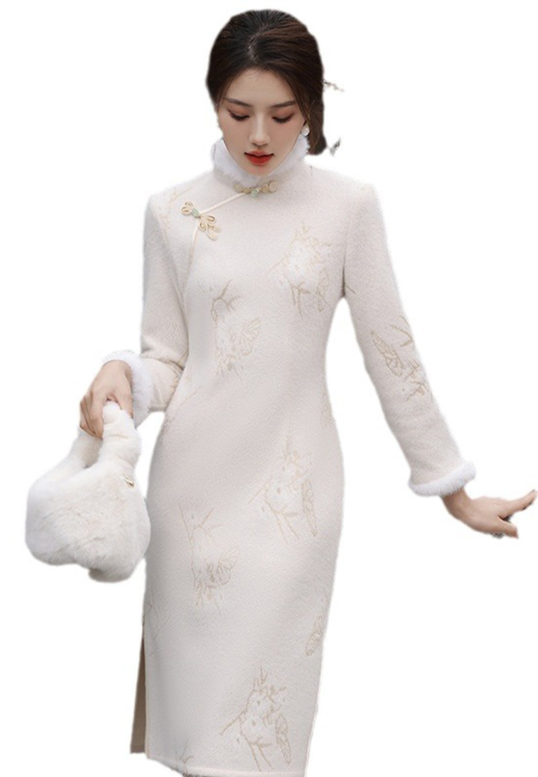 Temperament imitation mink soft mid length cheongsam dress CA122722BE