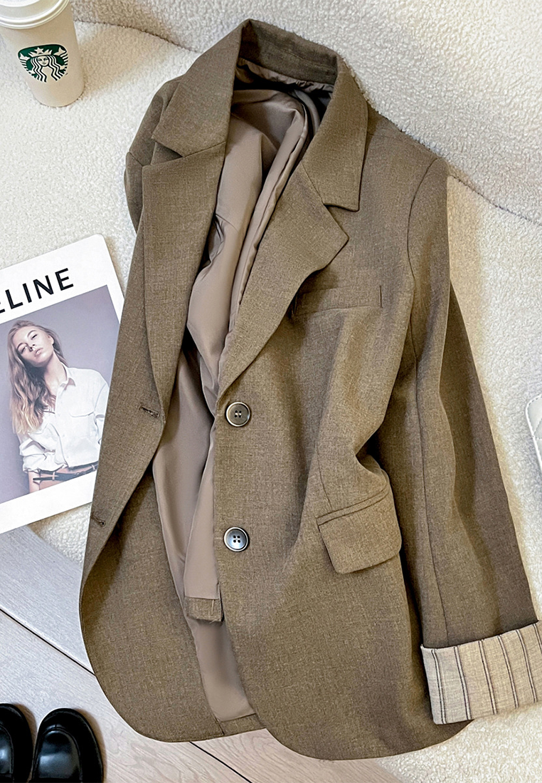New Autumn Khaki Striped Cuff Blazer CA25102422KI