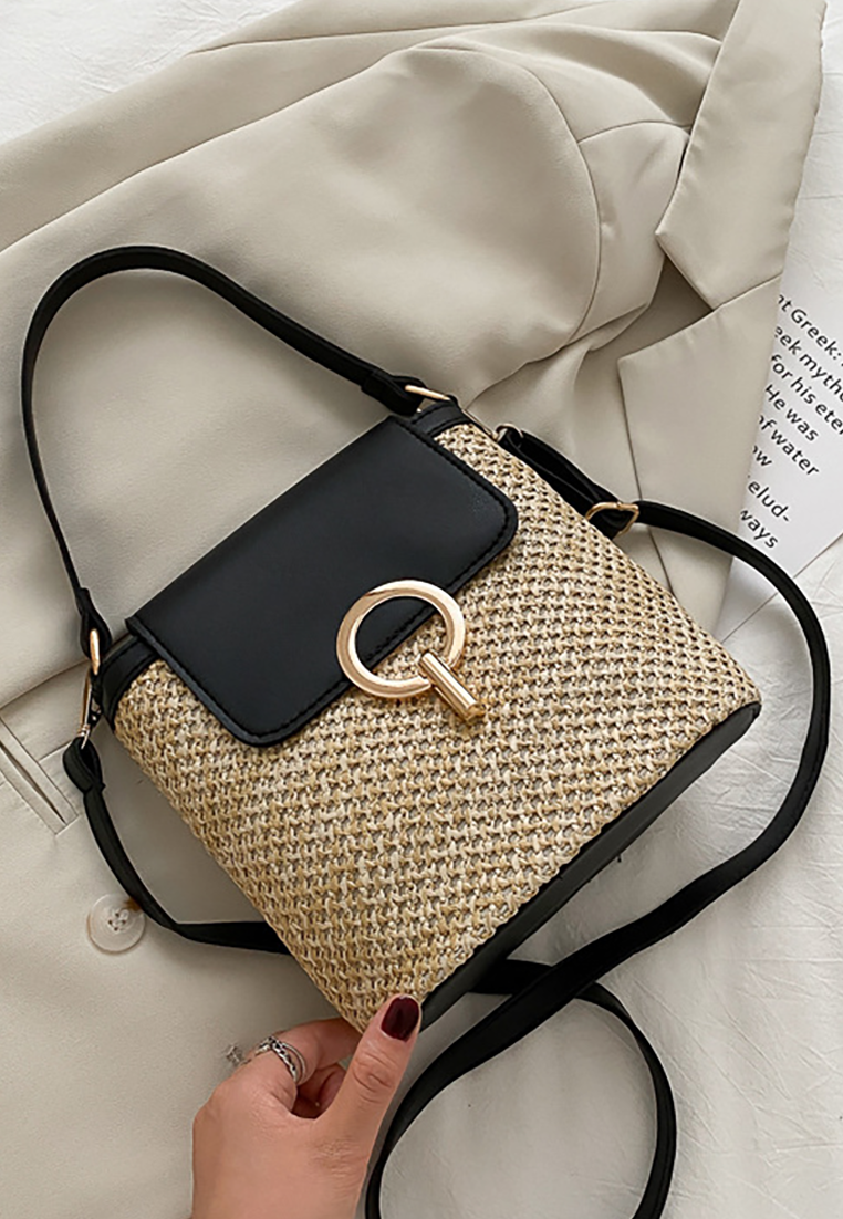 New style hand-held lock straw beach crossbody bag CA25042322BK