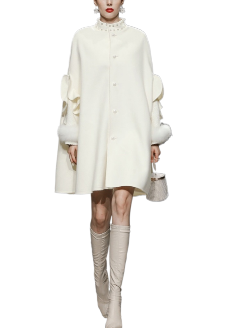 New Elegant fox fur tweed patchwork cape style double-faced wool coat K25121201