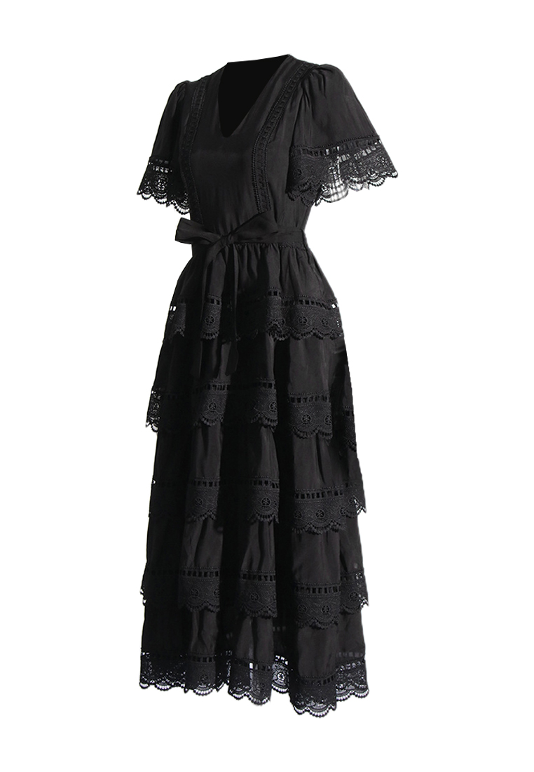 2024 season new short sleeved lace V-neck dress CA24032622BK