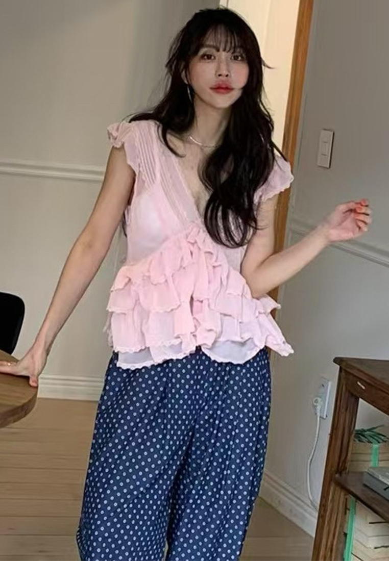 New Splicing V-neck Heavy Industry Sleeveless Top CA25042922PI