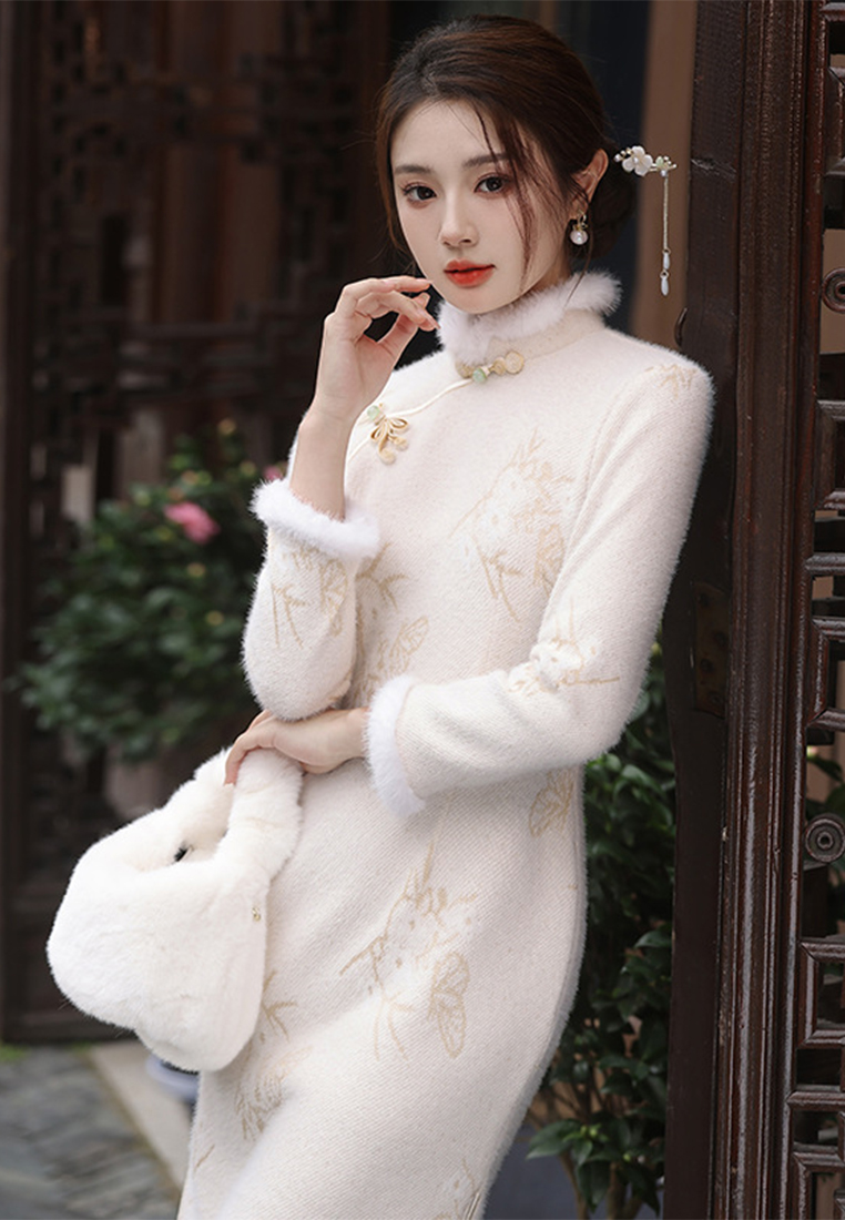 Temperament imitation mink soft mid length cheongsam dress CA122722BE