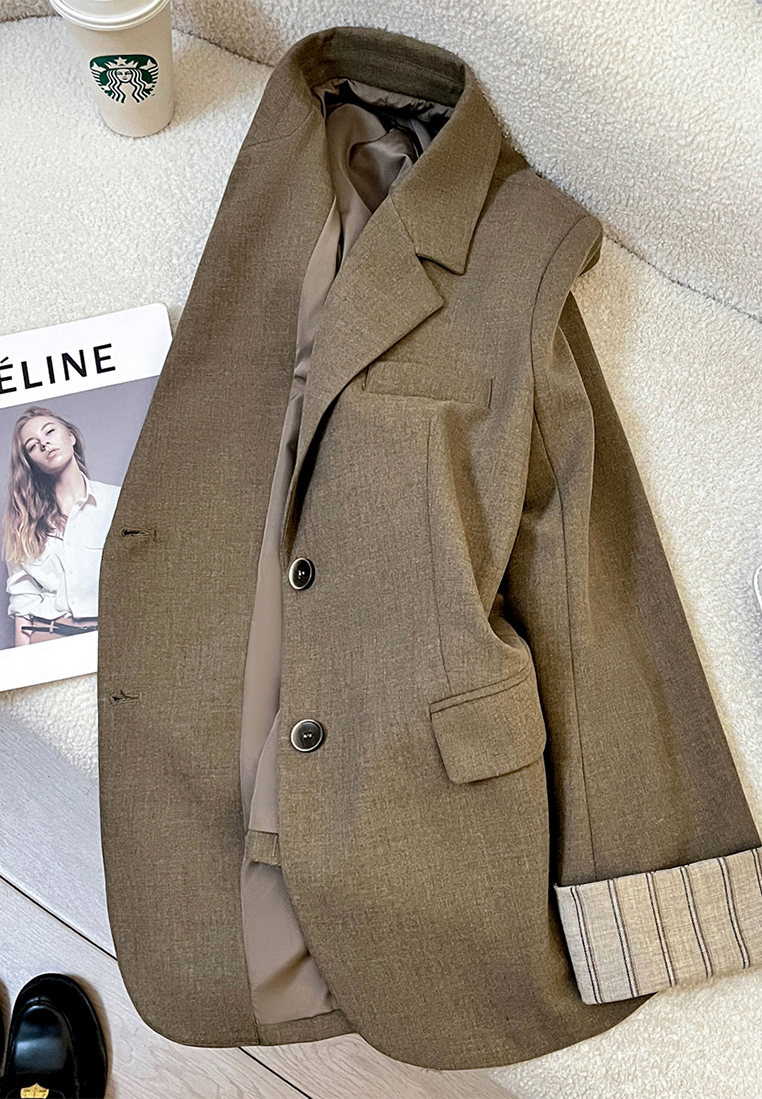 New Autumn Khaki Striped Cuff Blazer CA25102422KI