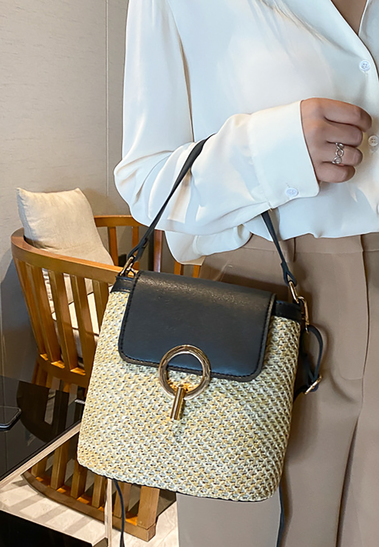 New style hand-held lock straw beach crossbody bag CA25042322BK