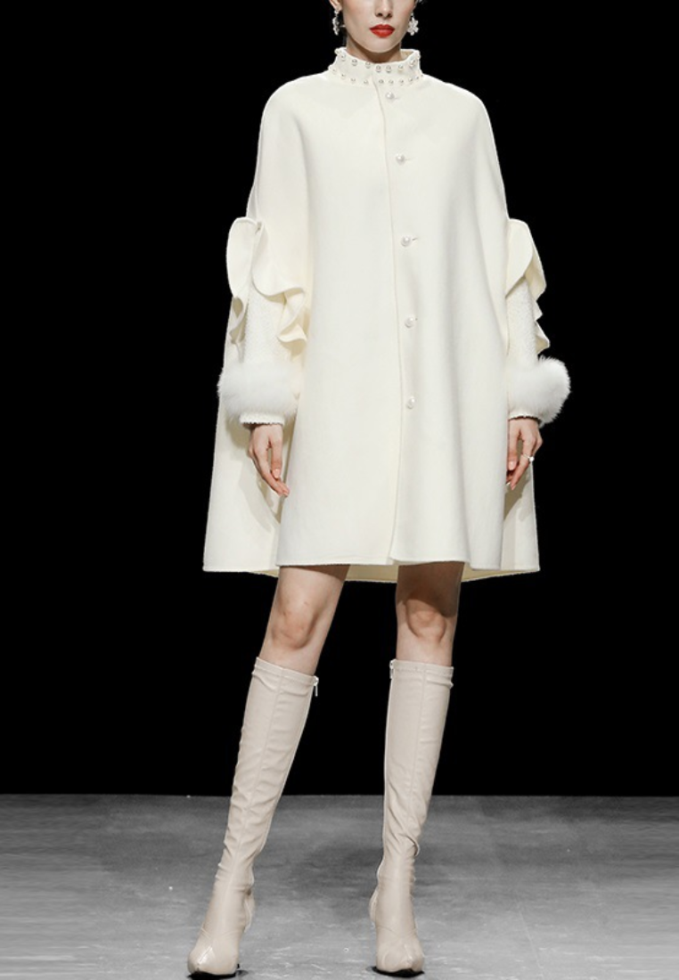 New Elegant fox fur tweed patchwork cape style double-faced wool coat K25121201