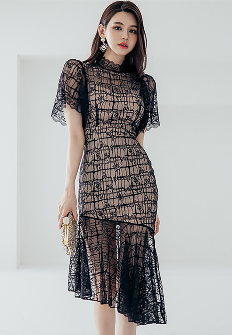 Summer New Slim-fit Lace Fashion Flounce Dress CA25091522BK