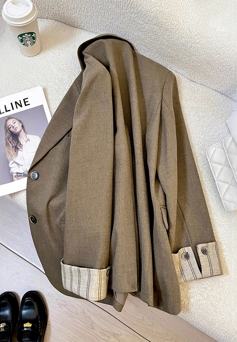 New Autumn Khaki Striped Cuff Blazer CA25102422KI