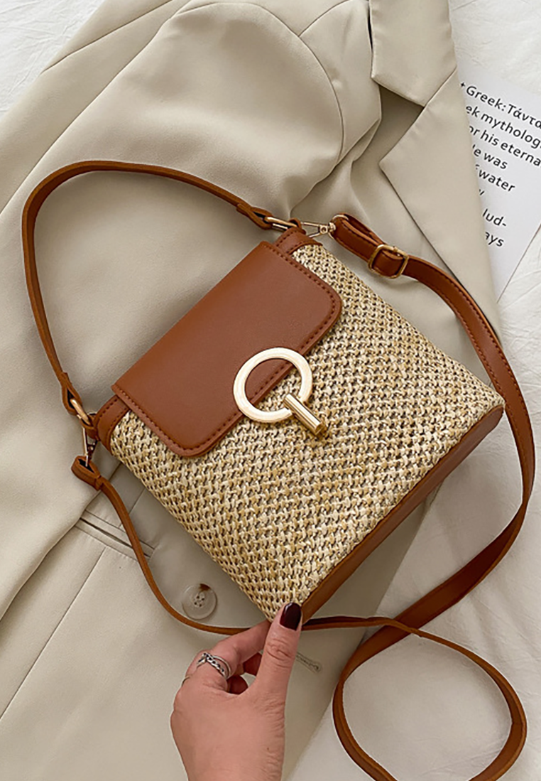 New style hand-held lock straw beach crossbody bag CA25042322BK