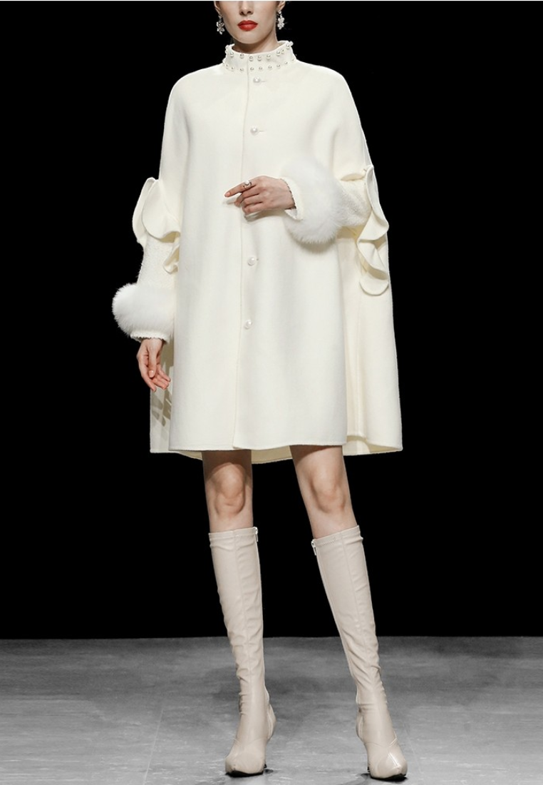 New Elegant fox fur tweed patchwork cape style double-faced wool coat K25121201