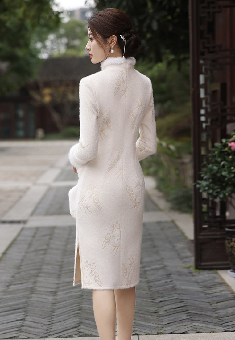 Temperament imitation mink soft mid length cheongsam dress CA122722BE