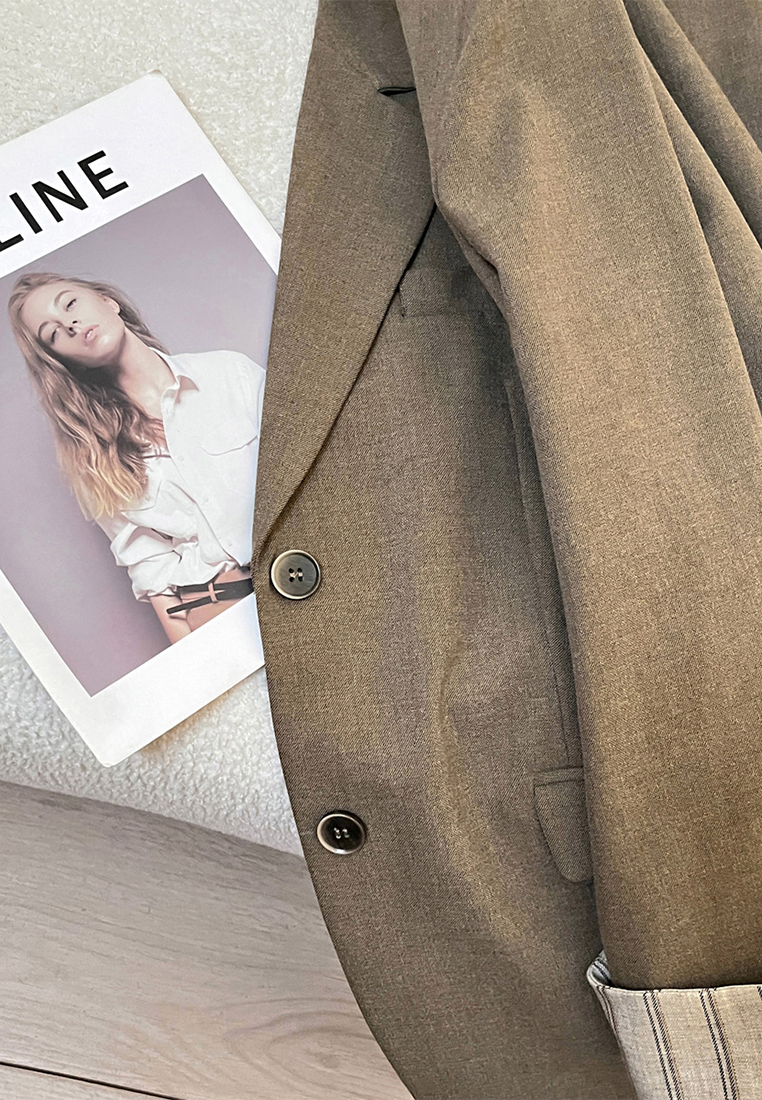 New Autumn Khaki Striped Cuff Blazer CA25102422KI