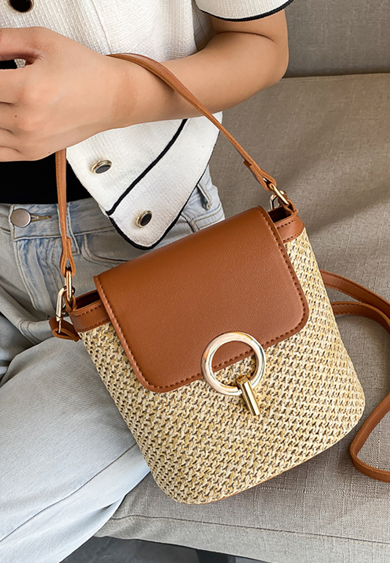 New style hand-held lock straw beach crossbody bag CA25042322BK