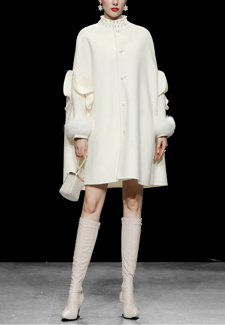 New Elegant fox fur tweed patchwork cape style double-faced wool coat K25121201