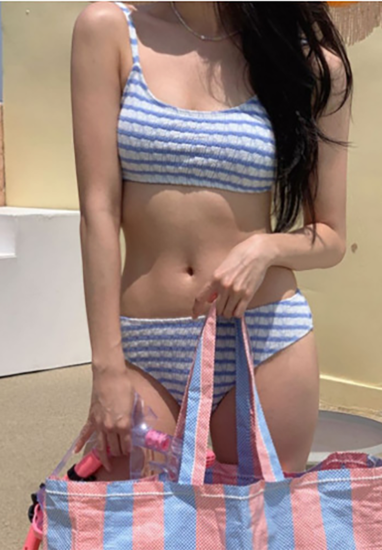 Sweet retro striped shoulder strap swimsuit CA250523013PI