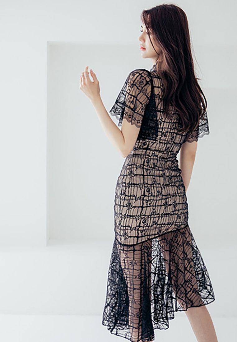 Summer New Slim-fit Lace Fashion Flounce Dress CA25091522BK