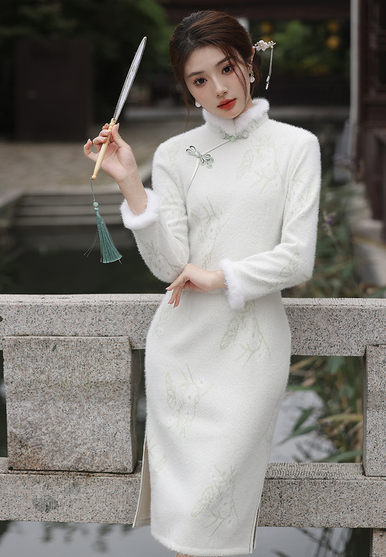 Temperament imitation mink soft mid length cheongsam dress CA122722BE