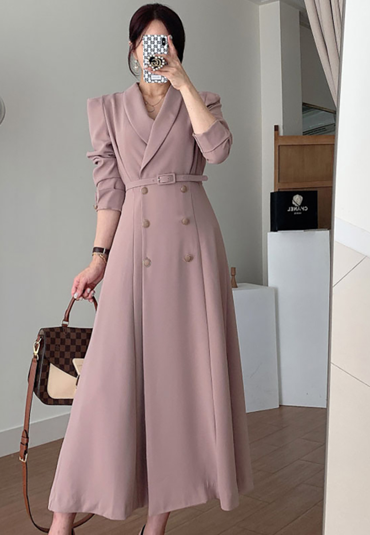French style waist cinching solid color long dress CA24092723PI