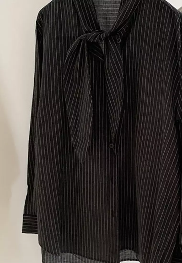 Korean style loose casual shirt with tied straps CA24092502BK