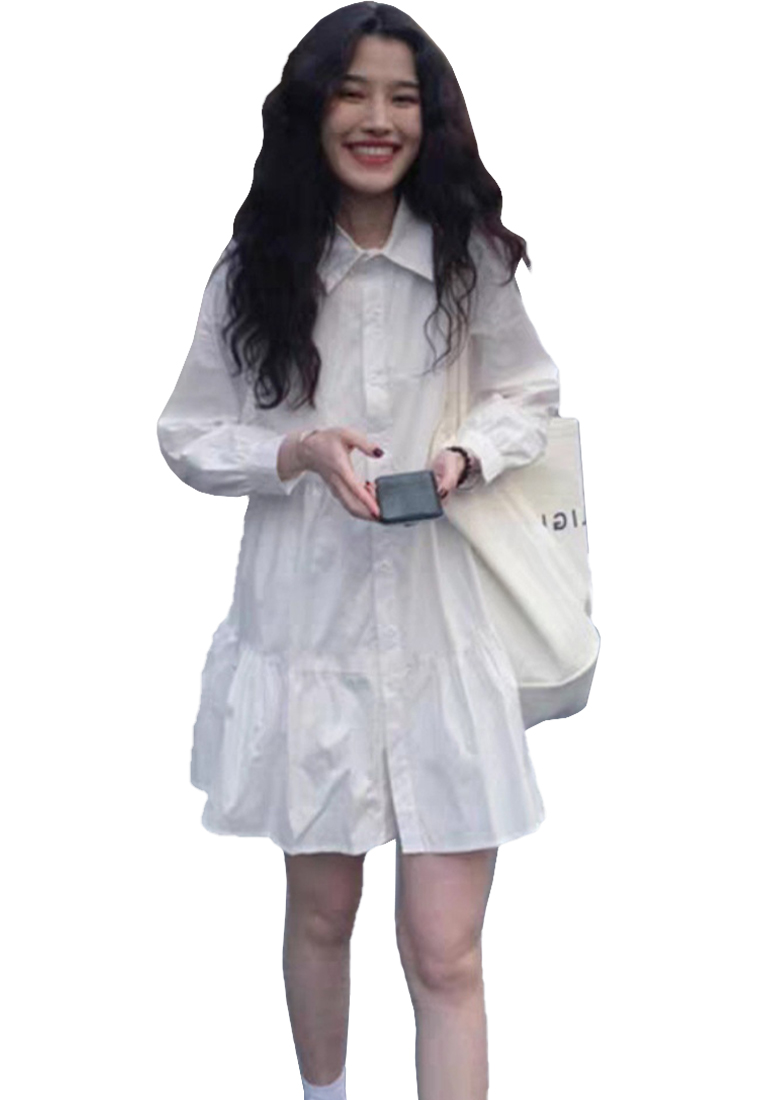 New French long-sleeved A-line shirt dress CA24030723W