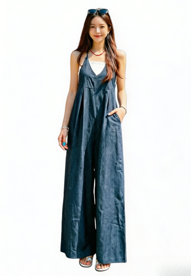 Chic Style Halter Neck Denim Wide Leg Jumpsuit K26042905