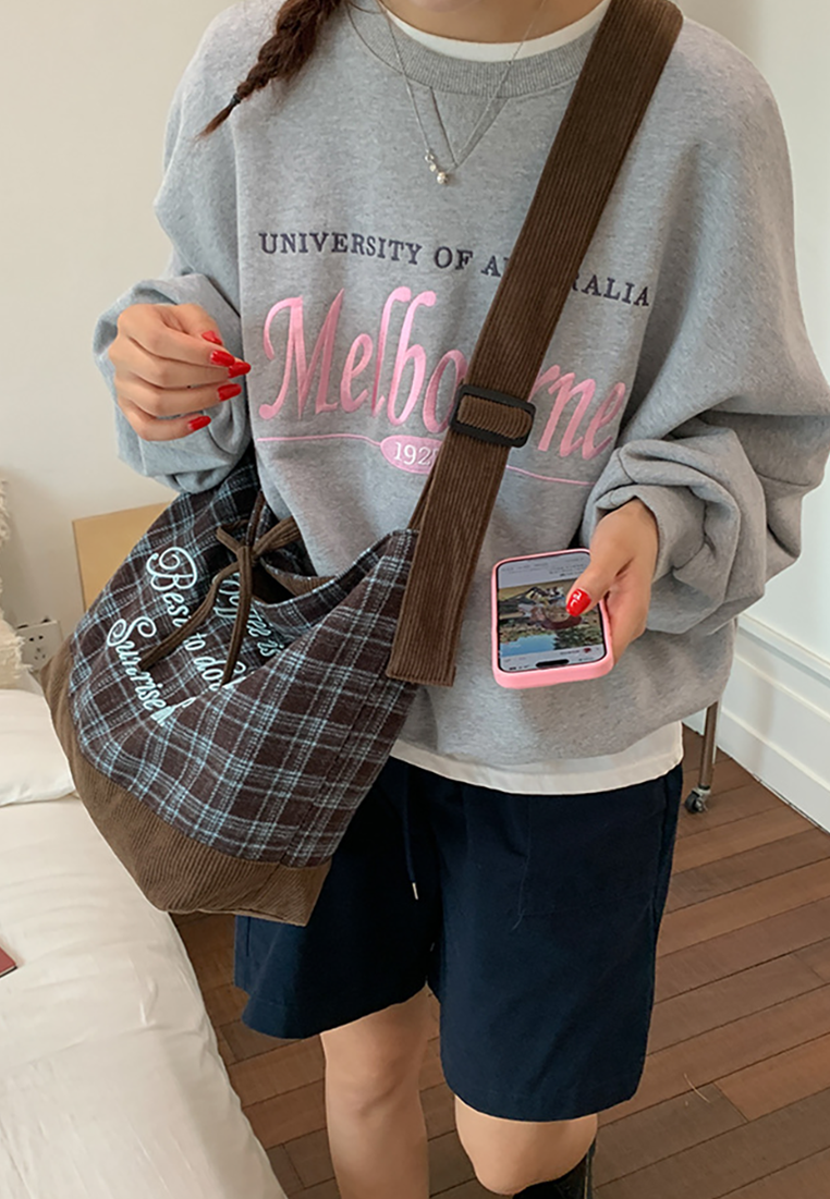 New Korean-Style Retro Plaid Reversible Commuter Shoulder Crossbody Canvas Bag CA25110723BL