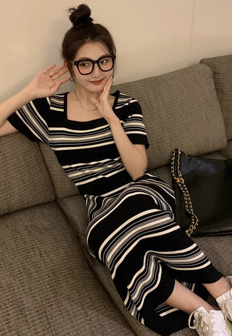 New summer Korean style striped short-sleeved knitted long dress CA24050623BK