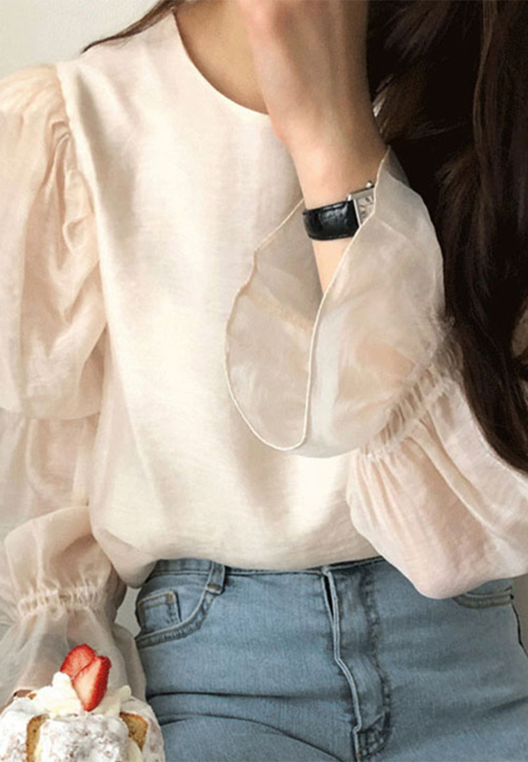 Solid color patchwork mesh lace up hollow shirt CA241128123BE