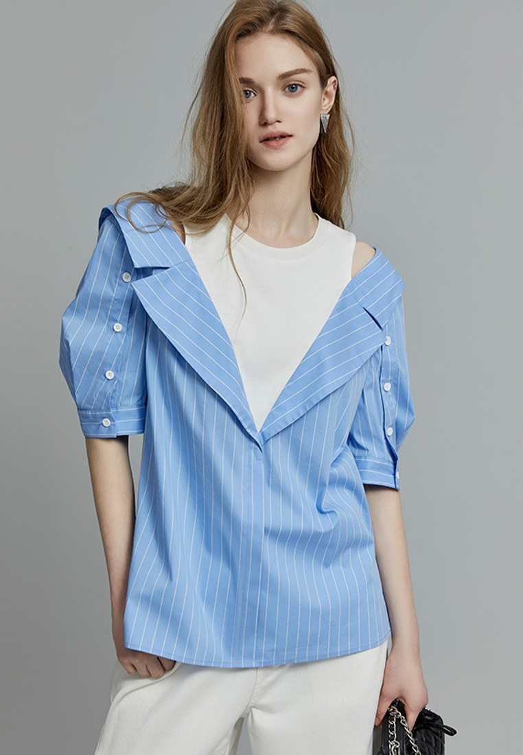 French fake two piece round neck off shoulder commuter style top CA120423